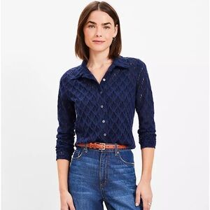 LOFT Navy Lace Top Small Semi-Sheer Long-Sleeve Button-up.